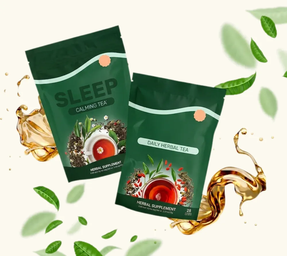 Two Sipeva pouches, Daily and Sleep, angled across scattered tea leaves