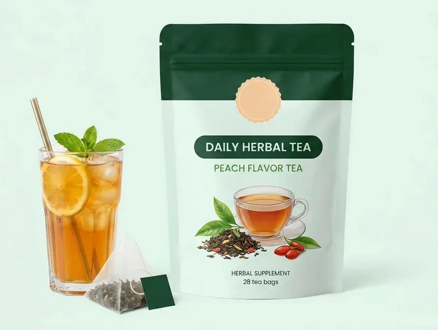Iced Sipeva Daily in a tall glass, lemon on the rim, mint alongside, pouch standing behind