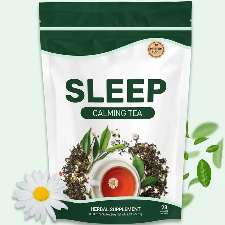 Sipeva Sleep pouch photographed head on, one chamomile bloom resting at its base